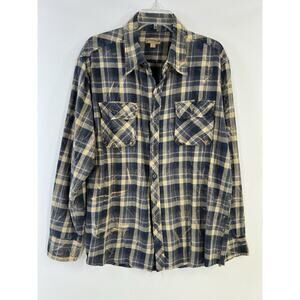 VTG Natural Blue Flannel Blue‎ Plaid Distressed Men Size XL Outdoor Workwear